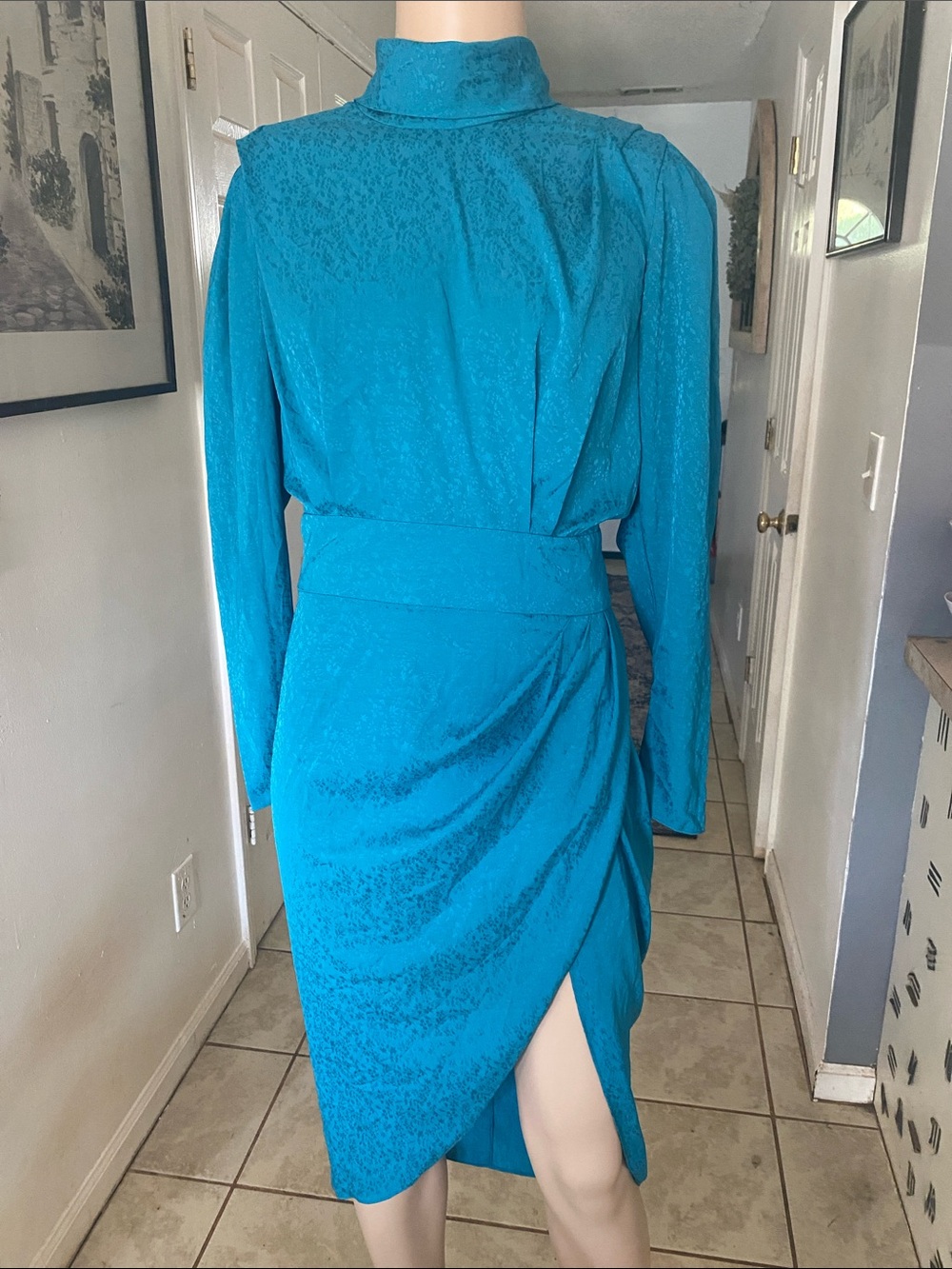 Ronny Kobo Collection Teal High-Neck Long Sleeve Sheath Dress with Side Drape
